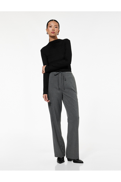 High Waist Lace-Up Pockets Long Straight Wide Leg Fabric Pants