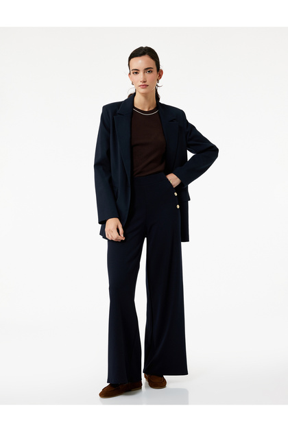 Button Detailed Long Wide Leg Fabric Trousers