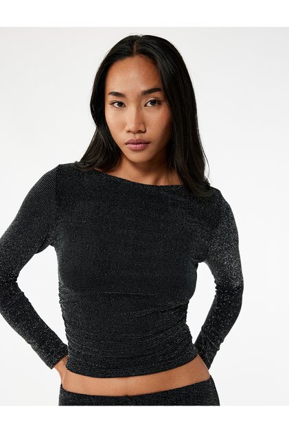 Slim Fit Uzun Kollu Yuvarlak Kayık Yaka Simli Tişört
