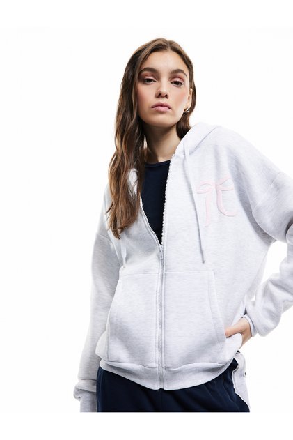 Şardonlu Kanguru Cepli Kapüşonlu Fiyonklu Arkası Baskılı Fermuarlı Oversize Sweatshirt