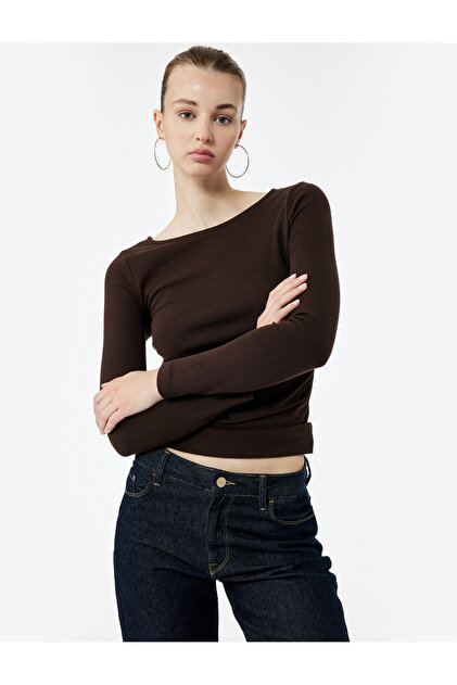 Pamuklu Slim Fit Büzgülü Kayık Yaka Uzun Kollu Tişört