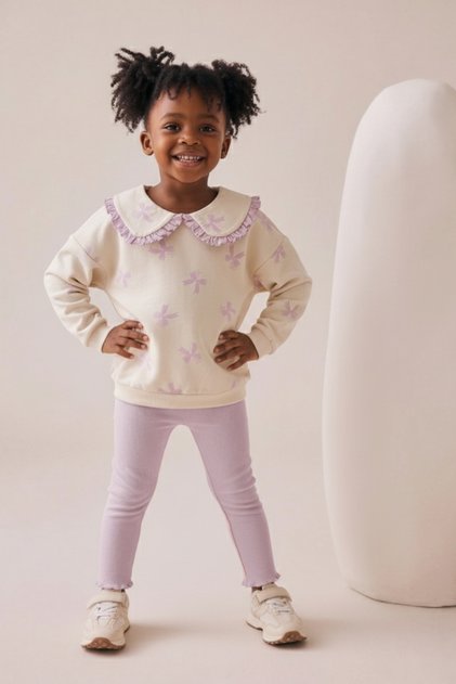 Girl's Printed Ruffled Baby Collar Tights Two-Piece Set Lilac 2403640