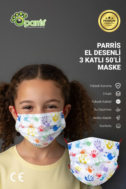 El Desenli Filtreli 3 Katlı 50'li Paket Telli Cerrahi Çocuk Maskesi