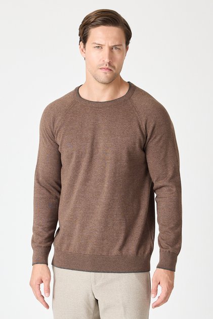 Lunox Men's Brown Italian Ribbed Cotton Sports Crew Neck Sweater