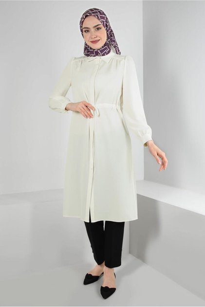 BANDED WAIST SHIRT COLLAR LONG TUNIC 43794