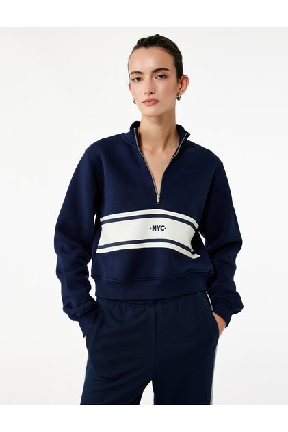 College-Themed Long-Sleeved, High-Neck, Half-Zip Crop Sweatshirt with a Raised Design