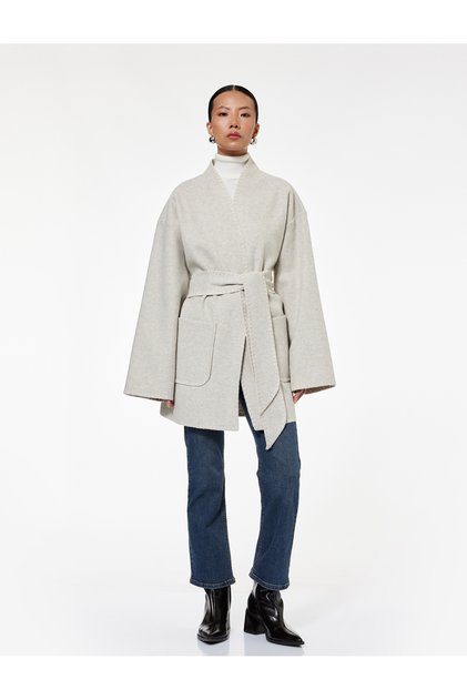 Wide Long Kimono Sleeves Shawl Collar Cashmere Coat with Pockets and Belt