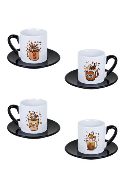Autumn Pumpkin Coffees Printed Black Handled 4-Piece Porcelain Turkish Coffee Cup Set