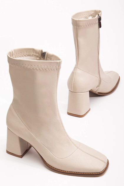 Women's Medium Size Blunt Toe Stretch Fabric Heeled Shoes Beige