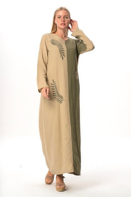 Long Sleeve Leaf V-Neck Printed Muslin Long Authentic Summer Dress Mink/Khaki Vzn/Hk