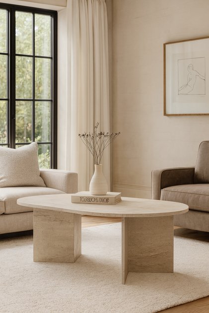 80x130cm Traverten Orta Sehpa Sabit Oval Oscar Model