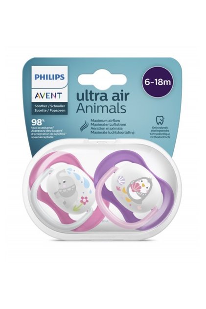 Avent Ultra Air Animals 2-Piece Patterned Pacifier 6-18 Months - Girl