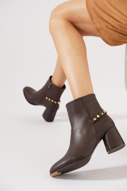 Mestes Women's Heeled Boots with Back Buckle Brown Leather