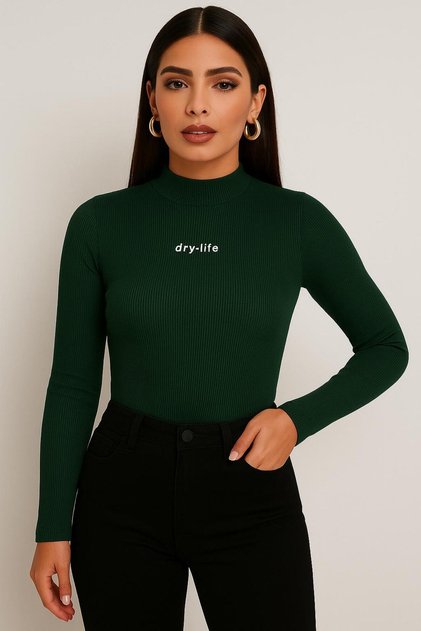 Women's Half Turtleneck Long Sleeve Ribbed Camisole Printed Blouse Body
