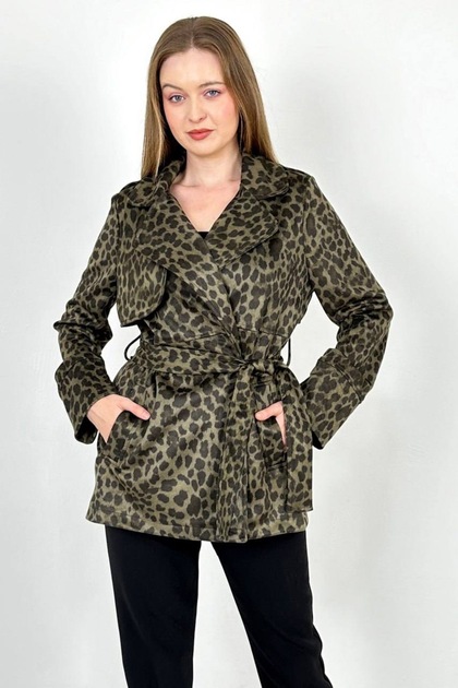 Zr Model Premium Haki Leopar Desenli Süet Cepli Ve Kemerli Trençkot