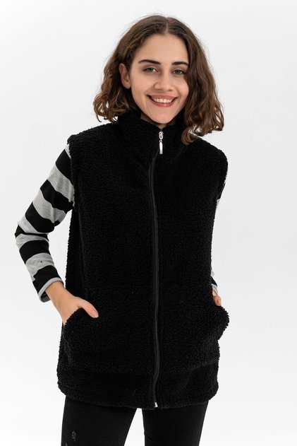 Women's Black Stand-up Collar Zippered Plush Vest
