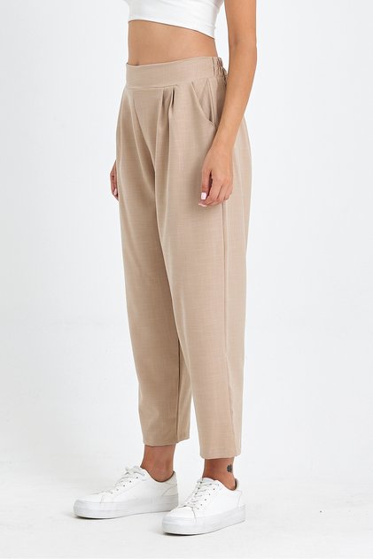 High Waist Elastic Waist Lycra Linen Stone Cream Color Women's Shalwar Trousers