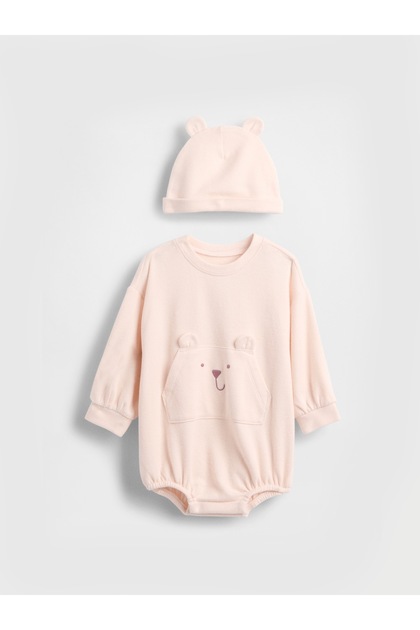 Bebek Pembe Brannan Bear Detaylı Bodysuit-Şapka Set