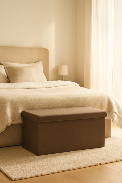 Brown Foldable Storage Ottoman Bench 76×38×38 cm – Fabric Seat with Hidden Storage Box