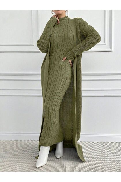 2 Piece Women's Chic Vintage Hair Braid Pattern Long Cardigan Sweater Dress Set, Winter Women's Knitwear Suit