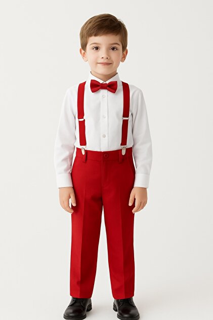 Unisex 1-7 Yaş Lastikli Ayarlanabilir Çocuk Pantolon Askısı Papyon Seti - Kırmızı