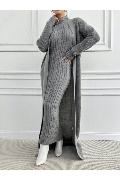 2 Piece Women's Chic Vintage Hair Braid Pattern Long Cardigan Sweater Dress Set, Winter Women's Knitwear Suit