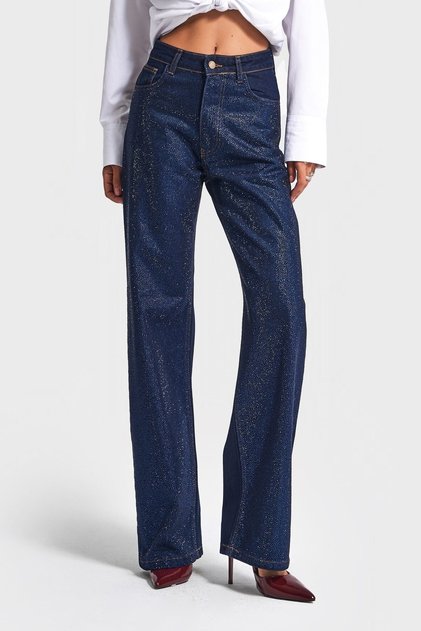 Women's Dark Blue T-7w5-50 Straight-Fit High-Waisted Viscose-Cotton Blend Denim with Sparkling Rhinestone Design