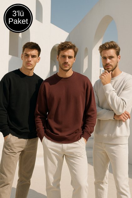 Men's 3-Pack Black - Brown - Cream Crew Neck Scuba Sweatshirt
