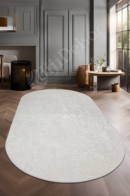 Parıltılı Oval Saçaksız Halı Açık Krem Silinebilir Yolluk 100x200