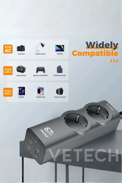 Vetech 67W GAN 6in1 Masaüstü Şarj HUB ve Çoklu Priz MacBook