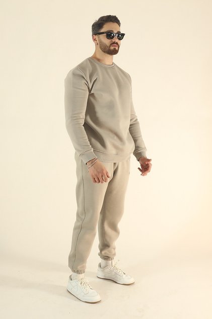 Men's Stone Winter Fleece-Lined Soft Textured Crew Neck Tracksuit Set