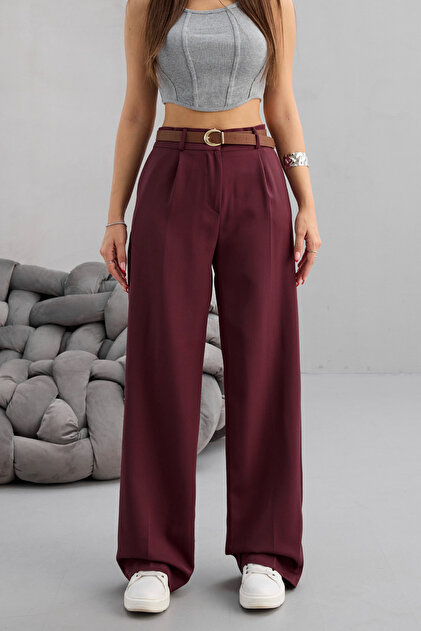 Women's High Waist Belt Detailed Elastic Waist Loose Palazzo Fabric Trousers