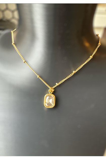 Steel Gold Baguette Square Stone Necklace