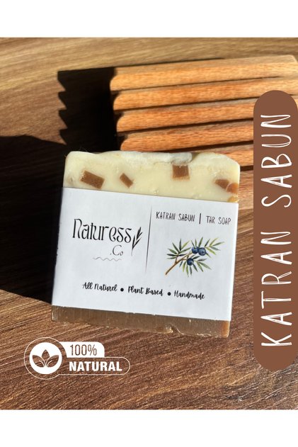 Natural Handmade Tar Soap Made from Pure Oils 110 Gr - with Wooden Soap Dish Gift