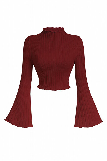 Bordo Fitilli Triko Bluz Uzun Kollu, Volan Kol, Dik Yaka Crop Üst