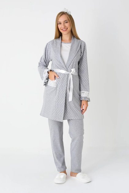 Women's Gray Shawl Collar Polka Dot Winter Long Sleeve Special Design Maternity Pajama Set