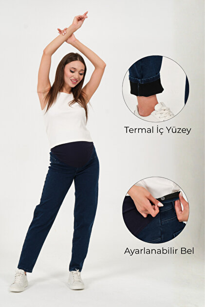 Maternity Stretchy Abdominal Band Thermal Mom Fit Jeans Dark Blue