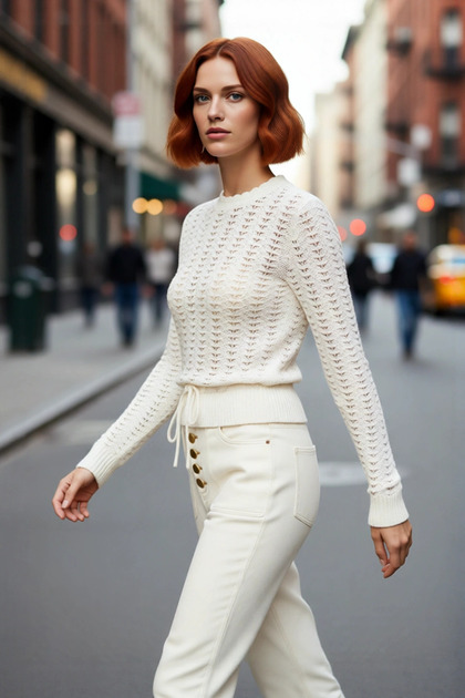 Women's Openwork Fitted Crew Neck Drawstring Sleeve Slim Knitwear Sweater Special for Spring Autumn Elegance