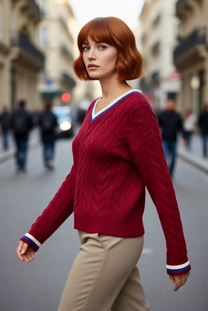 Women's College Style Hair Braided V-Neck Knitwear Sweater Regular Fit Comfortable Stylish for Everyday Outfits