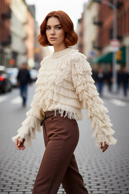 Women's Tassels Textured Knitwear Sweater Regular Fit Crew Neck Ideal Choice for Winter Chic