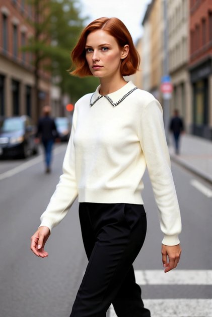 Polo Neck Stitching Detail Intersia Knitwear Sweater for Women Regular Fit Offers Comfortable Elegance