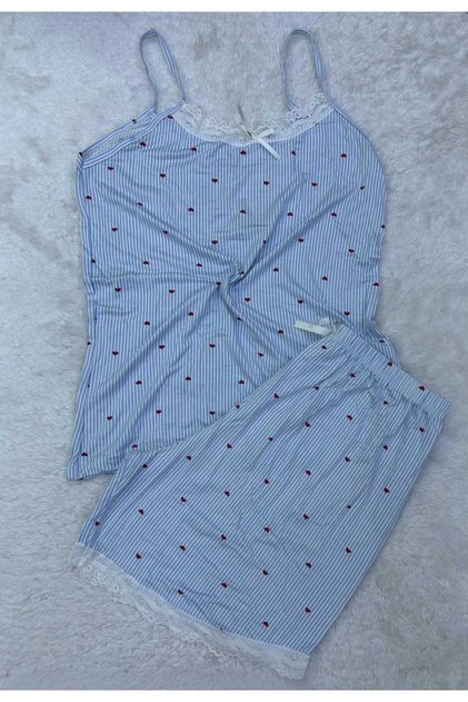 Women's Light Blue String Strap Shorts Pajama Set Lace Detailed Nightgown Dowry Patterned Soft