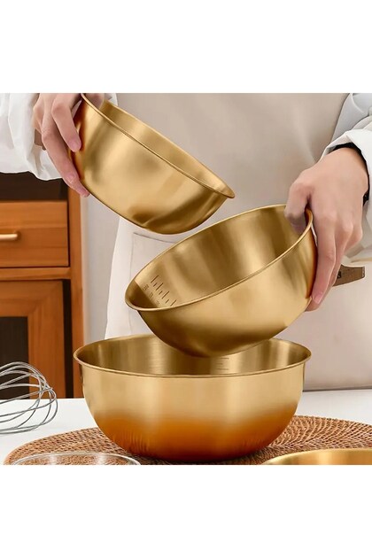 3-Piece Gold Stainless Steel Mixing and Salad Bowl Whisk 700-1200-1600 ml