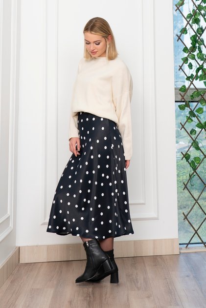 Women's Winter Black Polka Dot Elastic Waist Satin Viscose Skirt Stylish Daily Comfortable 6822