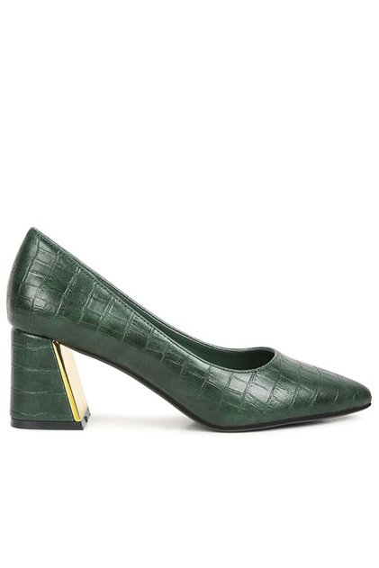 Women Green Croc Block Heel Pump Shoes
