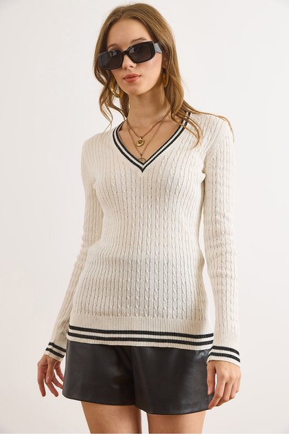 Women's Ecru V-Neck Stripe Detailed Hair Knit Sweater Kzk-19001027