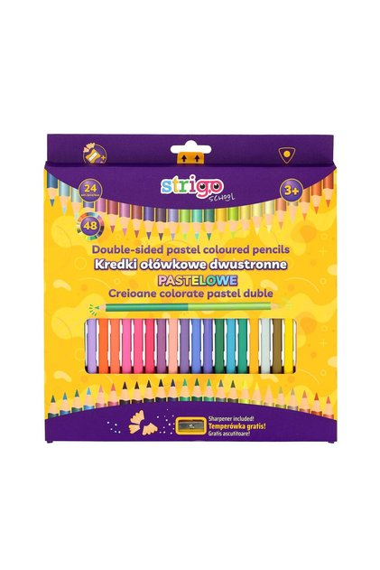 Creioane colorate duble, 24 bucati, 48 culori Pastel, triunghiulare, cu ascutitoare SSC352