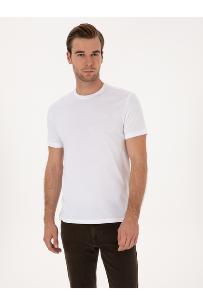 White Slim Fit 100% Cotton Crew Neck Basic T-Shirt 50324401-Vr013