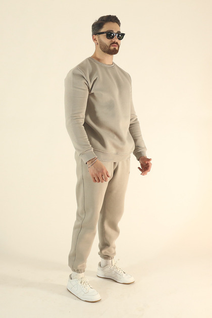 Men's Winter Tracksuit Set Sweatshirt Jogger - Stone Regular Soft Crew Neck