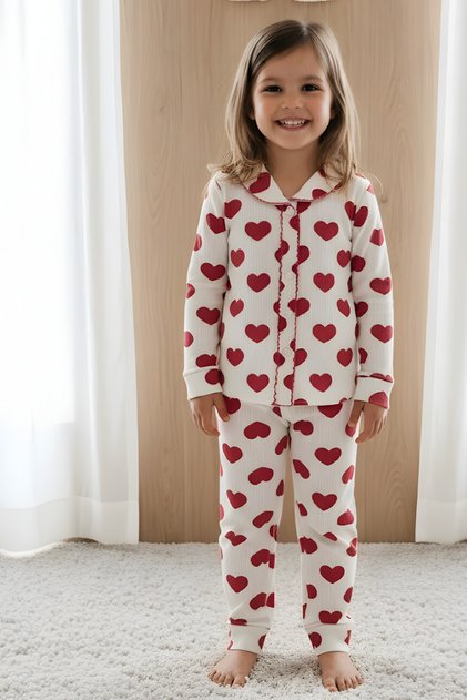 Kız Bebek Takım Kalp Desenli Uzun Kollu Pamuklu Pijama Takım 0-6 Aylık